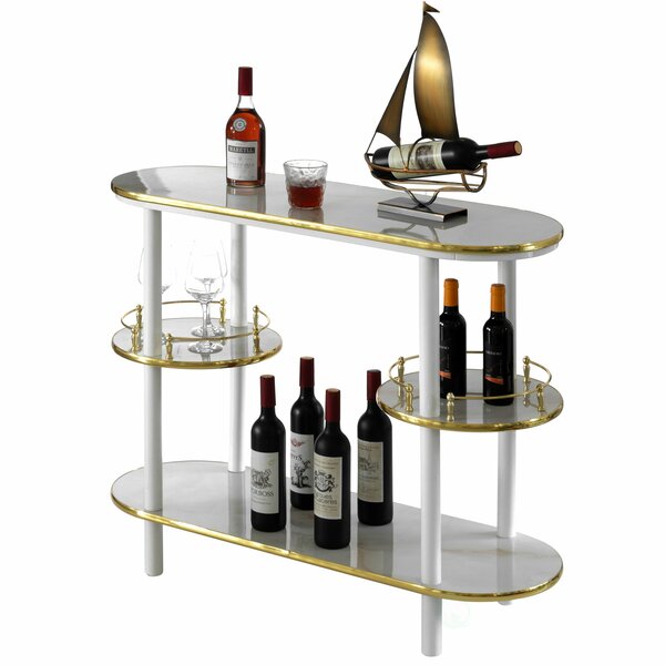 Fabulaxe Modern Display Wooden Console Bar with Tiered Open Shelves, Mini Bar with Wine Storage, White QI004485.WT